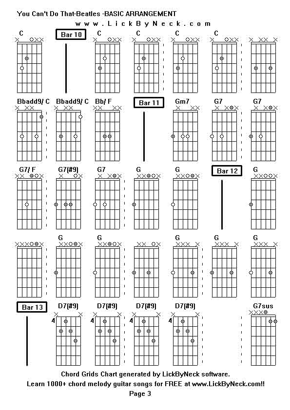 Chord Grids Chart of chord melody fingerstyle guitar song-You Can't Do That-Beatles -BASIC ARRANGEMENT,generated by LickByNeck software.